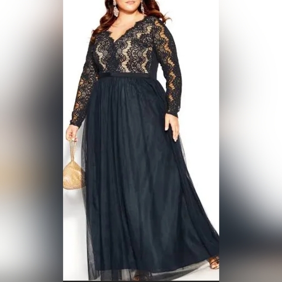 City Chic Navy Blue Elbow Length Sleeve Long Formal Evening Gown Sz:22 - Picture 1 of 16